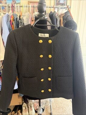 Black Bouclé Double-Breasted Blazer with Gold Buttons